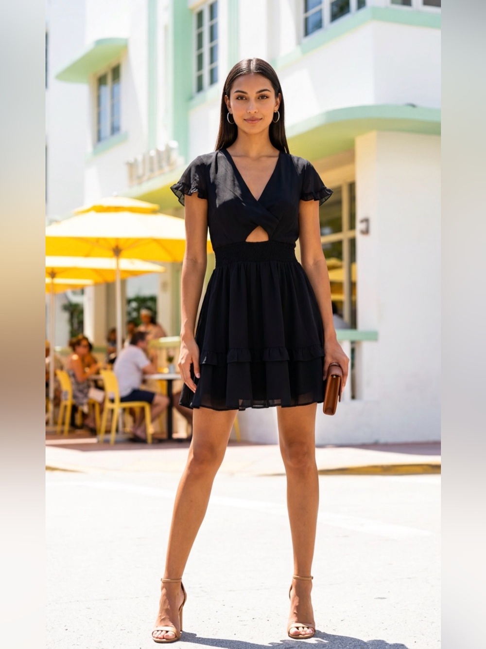 Pretty Garden Women’s Black V-Neck Short Sleeve Dress with Cutout. Sz M
